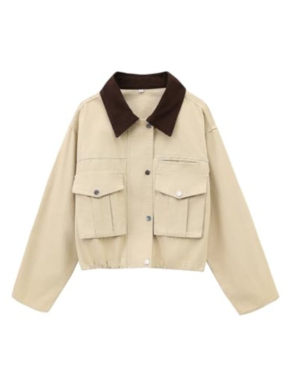 Womens Cropped Barn Jacket Contrast Collar Button Front Loose Fit